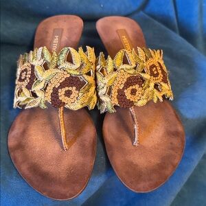 Metro size 37 Embroidered Floral Sandals - Brown and Green short wedge heel